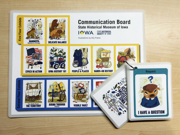 Communication board featuring illustrations of each exhibit drawn by artist Ally Frame. On top of the board is an open deck of communication cards showing a curious bison and the words "I have a question."
