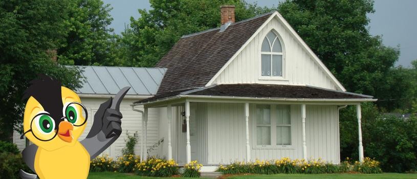 Goldie the Goldfinch stands in front of the American Gothic House