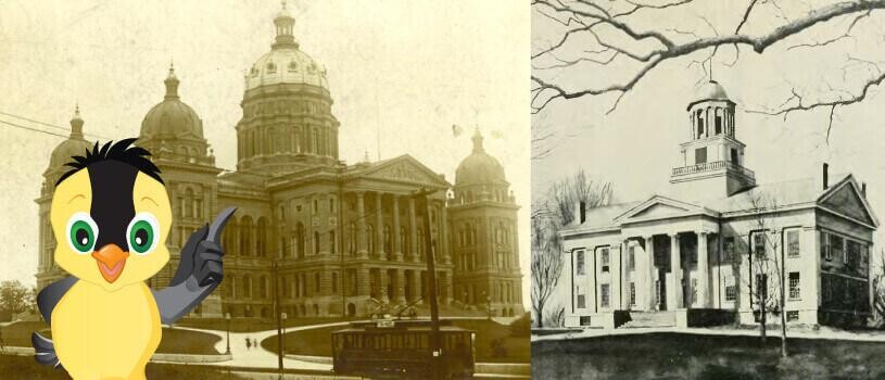 Goldie stands in front of historic photos of Iowa's capitol buildings