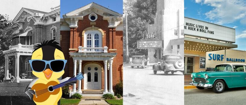 Goldie stands in front of historic music buildings in Iowa