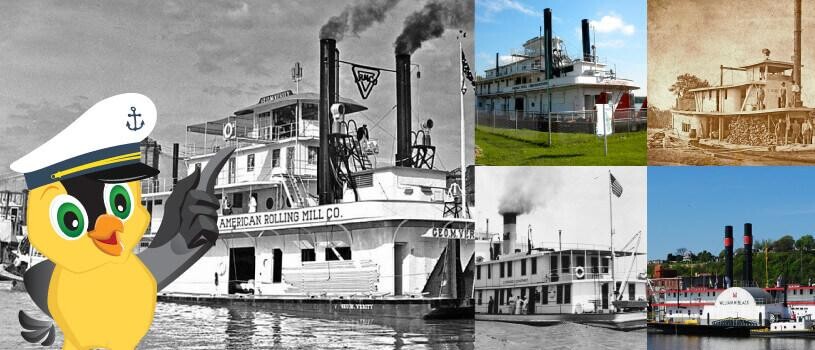 Goldie stands in front of historic riverboats