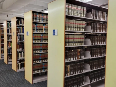 A partial  view of the library stacks at the Iowa History Research Center in Des Moines, IA